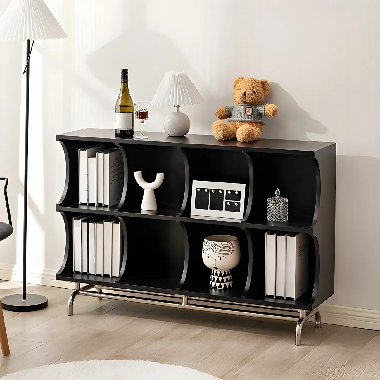 Rectangular Black Wood Display Cabinet with Open Storage | HomeyFad