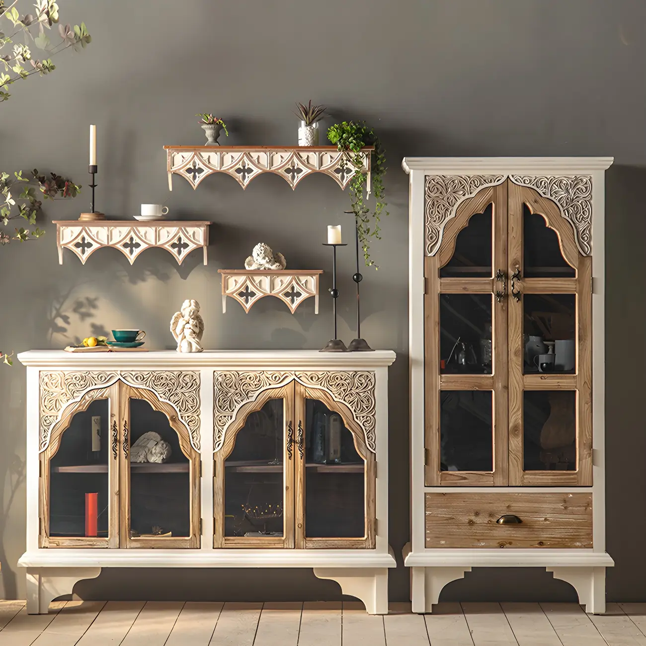 Glam Wooden Display Cabinet with Carved Glass Doors for Home Image - 2 | homeyfad