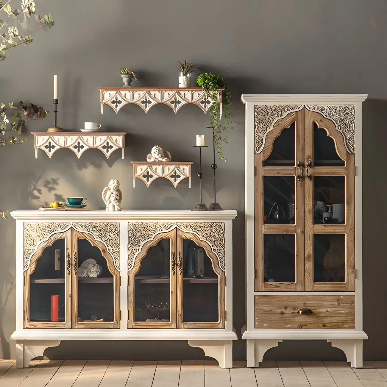 Glam Wooden Display Cabinet with Carved Glass Doors for Home Image - 2