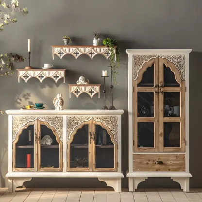 Glam Wooden Display Cabinet with Carved Glass Doors for Home Image - 2