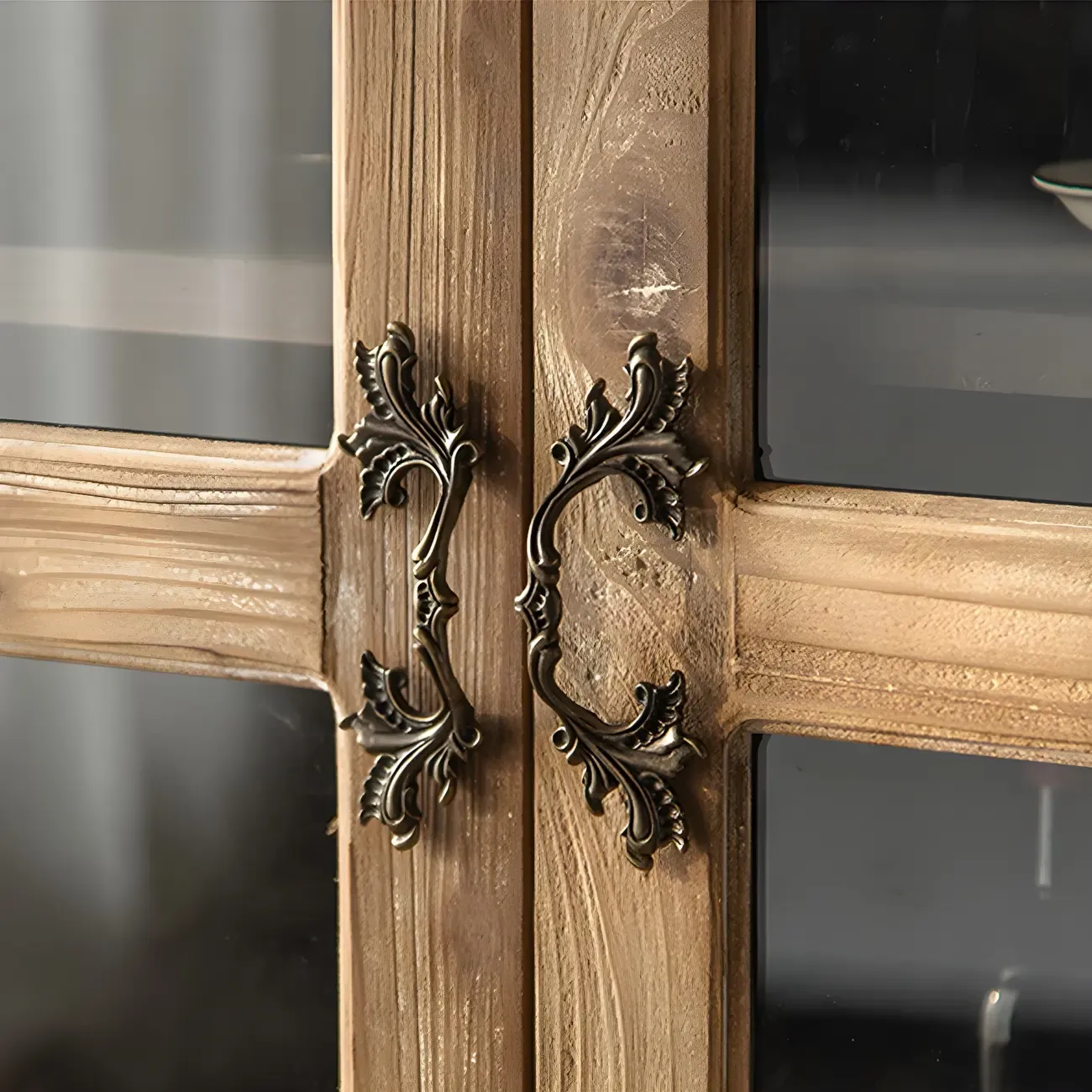 Glam Wooden Display Cabinet with Carved Glass Doors for Home Image - 4