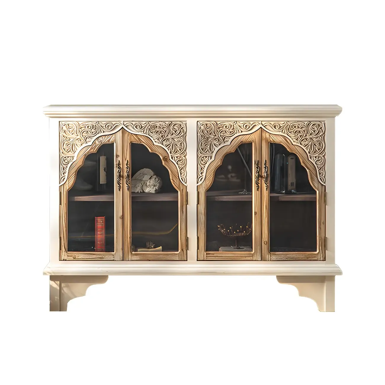 Glam Wooden Display Cabinet with Carved Glass Doors for Home Image - 5