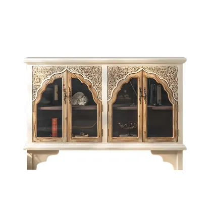 Glam Wooden Display Cabinet with Carved Glass Doors for Home Image - 5