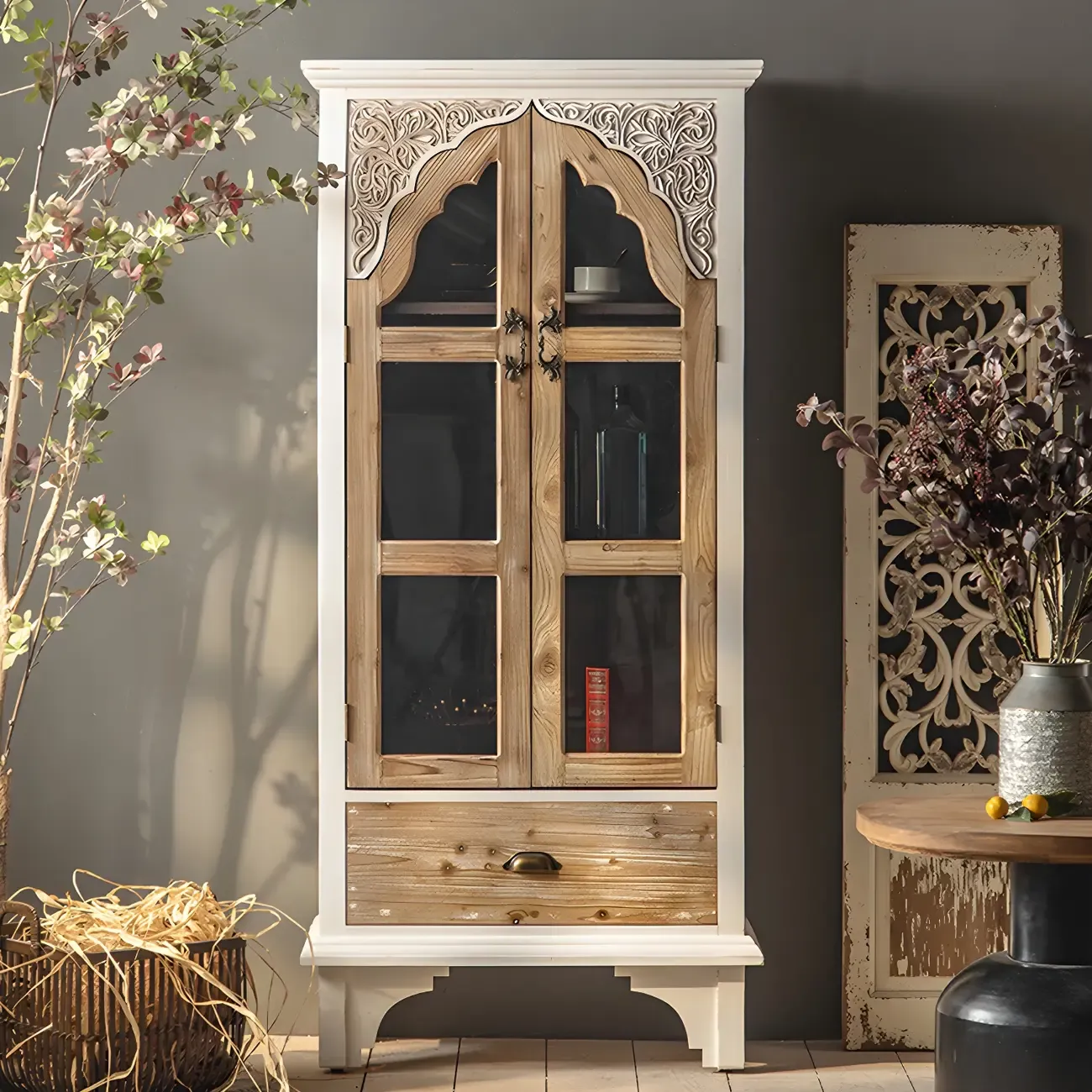 Elegant Arched Glass Doors White Wood China Cabinet - HomeyFad