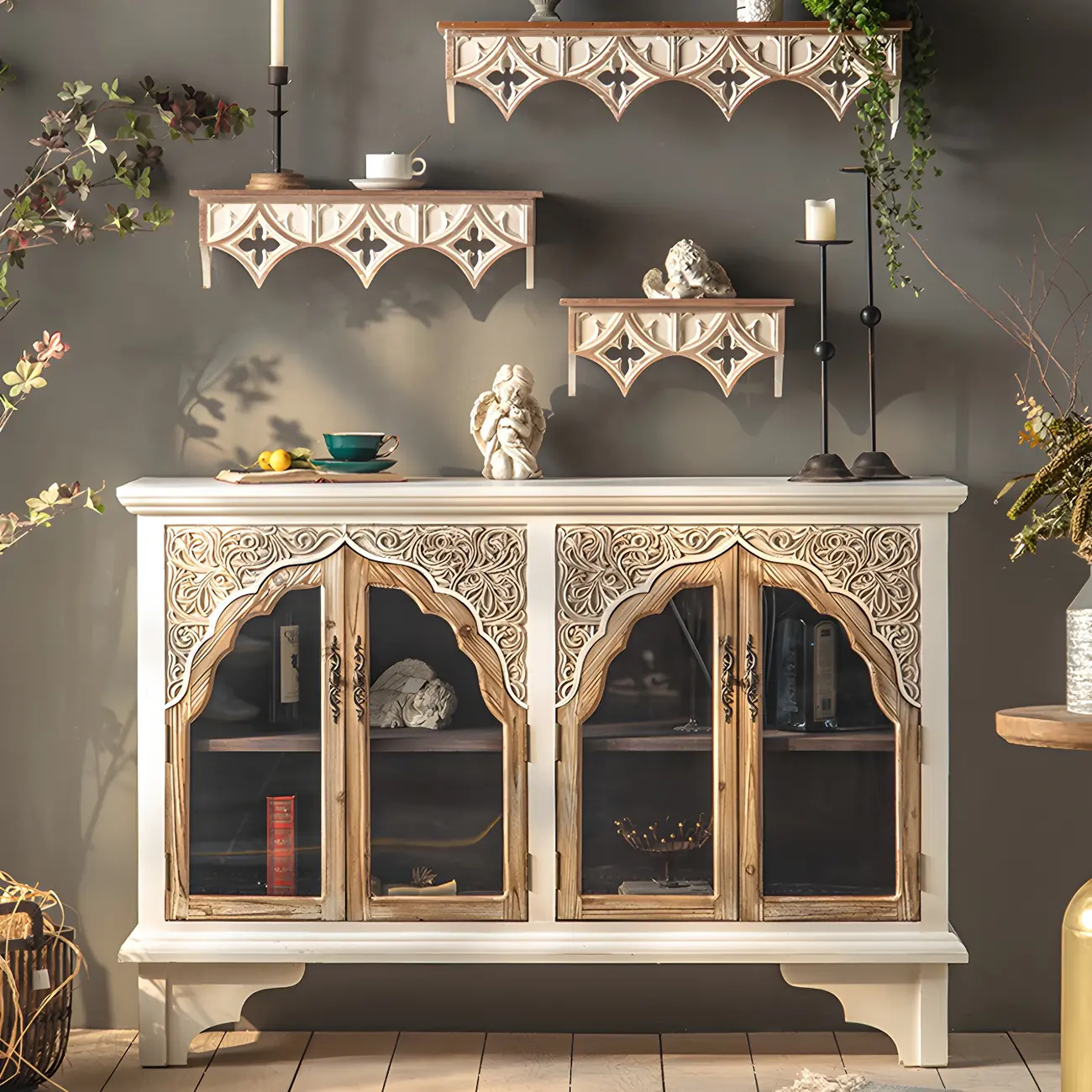 Glam Wooden Display Cabinet with Carved Glass Doors for Home Image - 7 | homeyfad