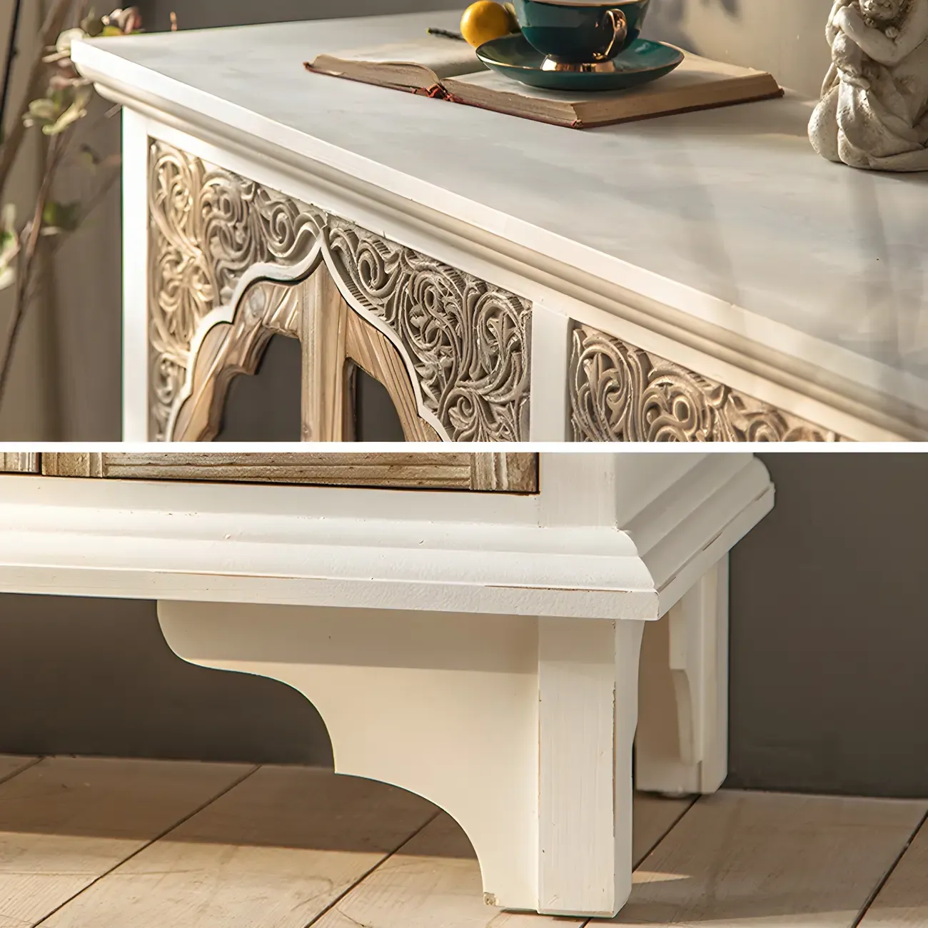 Glam Wooden Display Cabinet with Carved Glass Doors for Home Image - 8