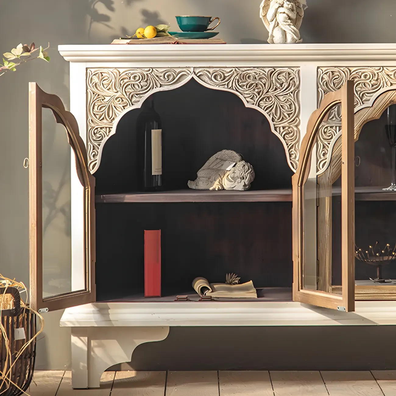 Glam Wooden Display Cabinet with Carved Glass Doors for Home Image - 9