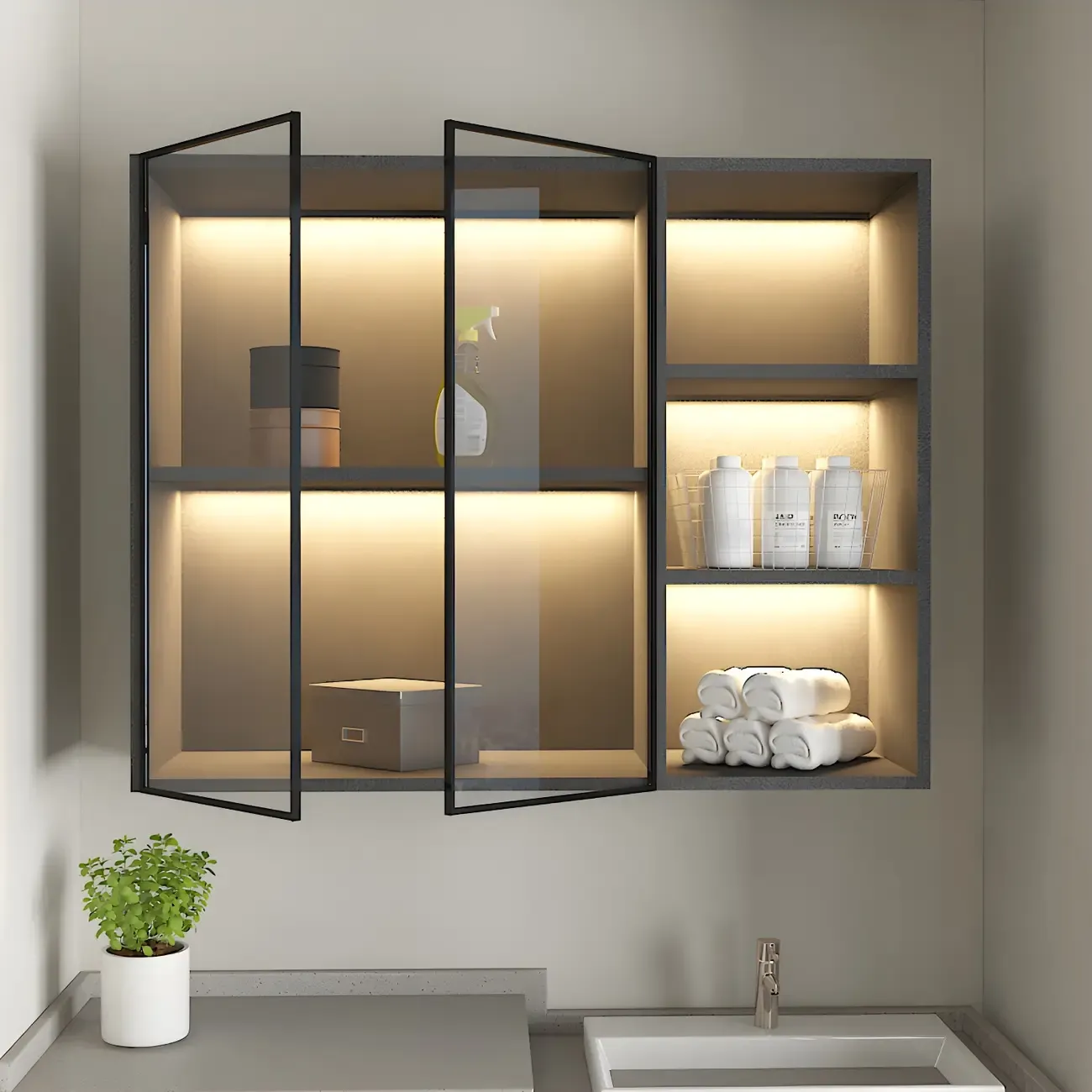 Nordic Wood Floating Display Cabinet with Glass Doors for Kitchen Image - 1