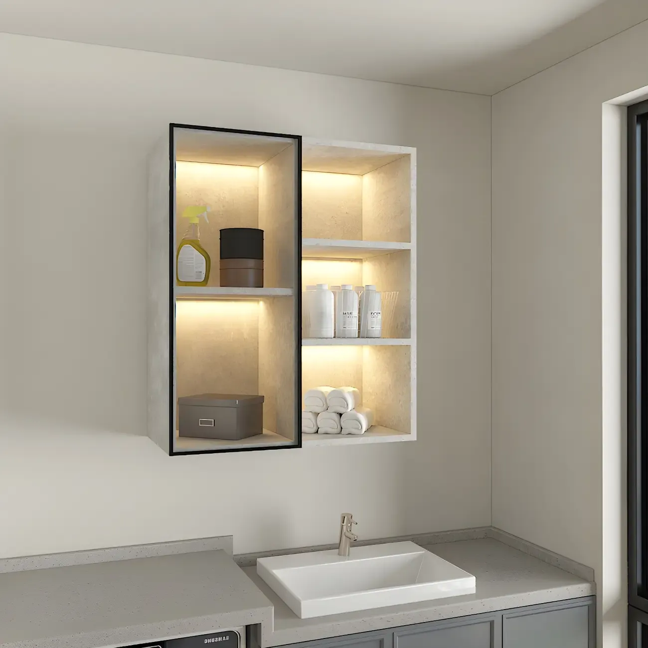 Nordic Wood Floating Display Cabinet with Glass Doors for Kitchen Image - 3