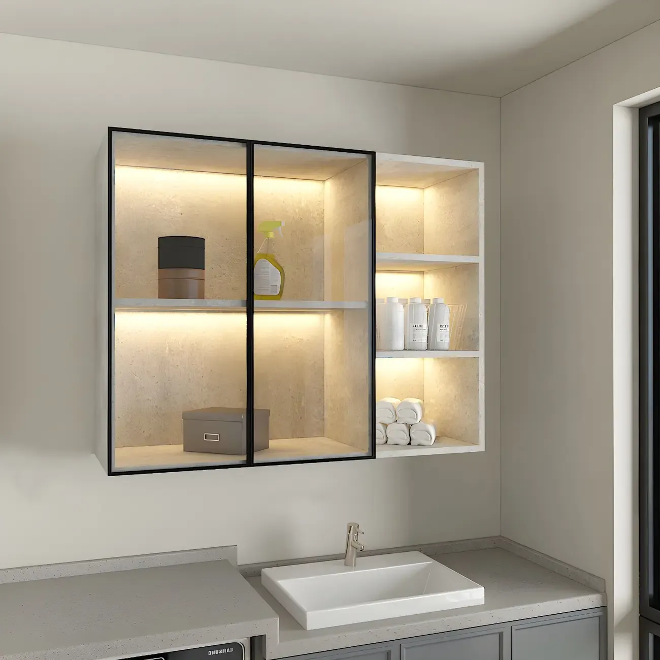 Nordic Wood Floating Display Cabinet with Glass Doors for Kitchen Image - 4