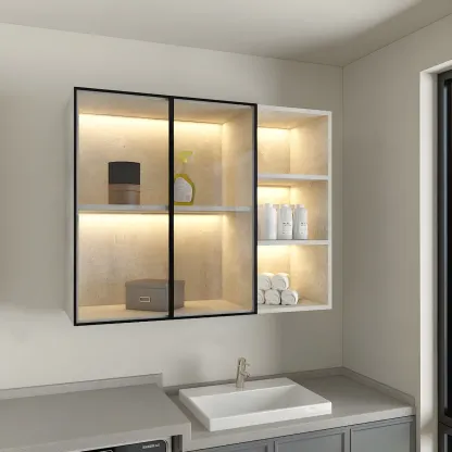 Nordic Wood Floating Display Cabinet with Glass Doors for Kitchen Image - 4