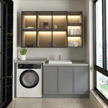 Nordic Wood Floating Display Cabinet with Glass Doors for Kitchen Image - 5