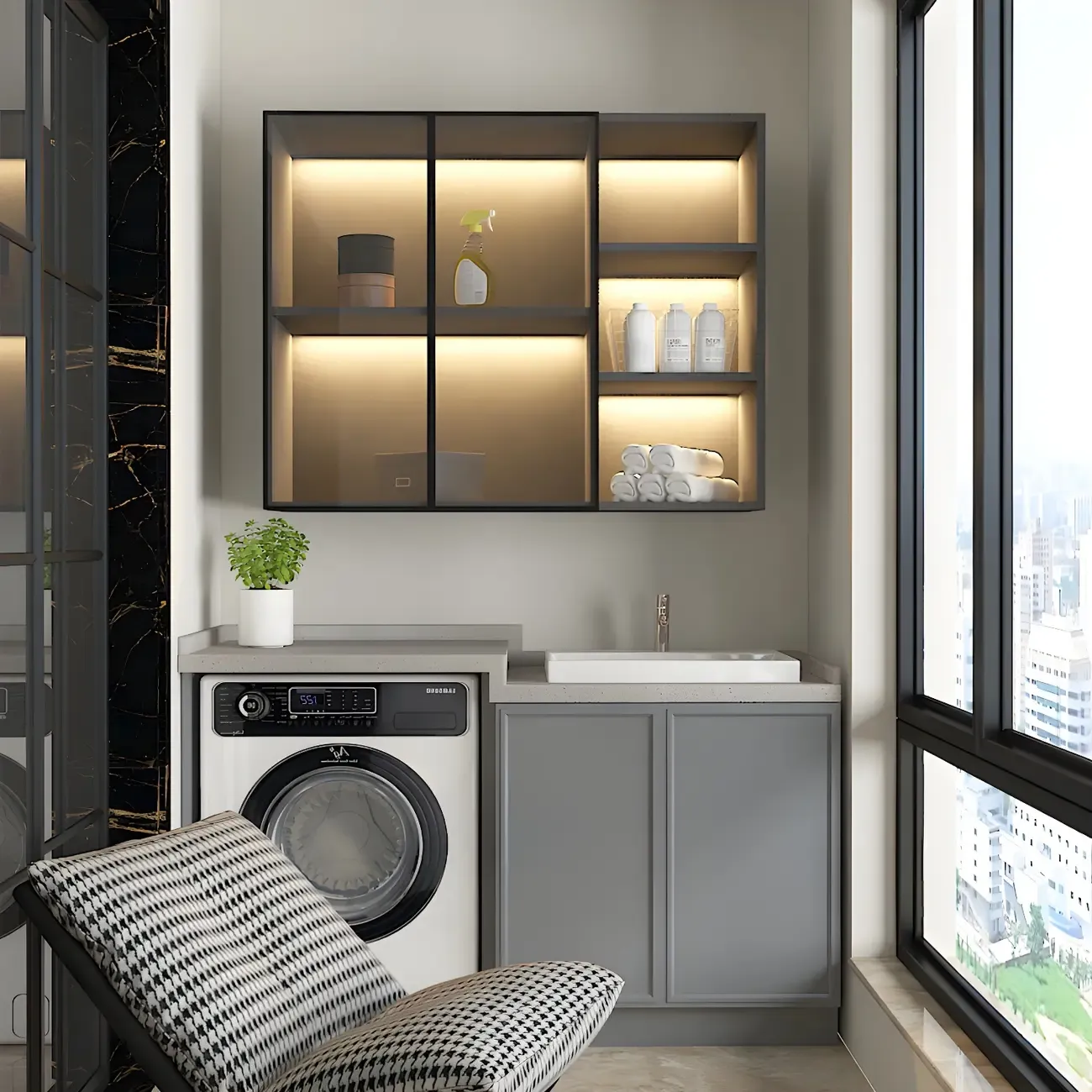 Nordic Wood Floating Display Cabinet with Glass Doors for Kitchen Image - 6