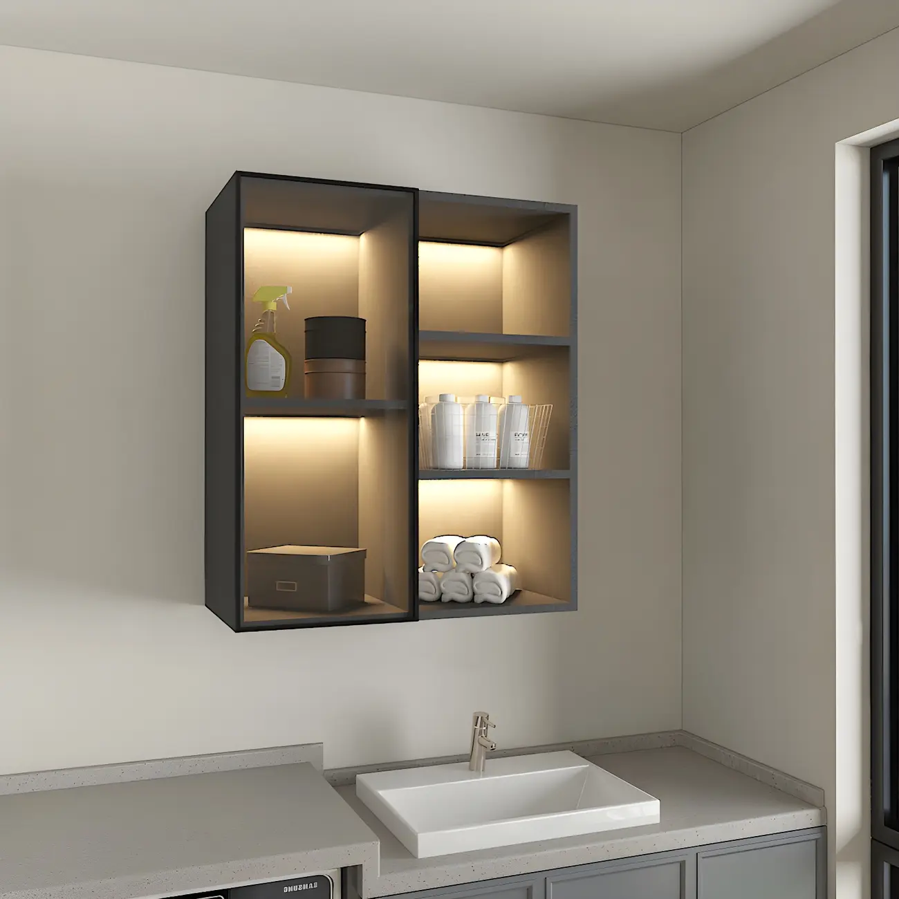 Nordic Wood Floating Display Cabinet with Glass Doors for Kitchen Image - 7 | homeyfad