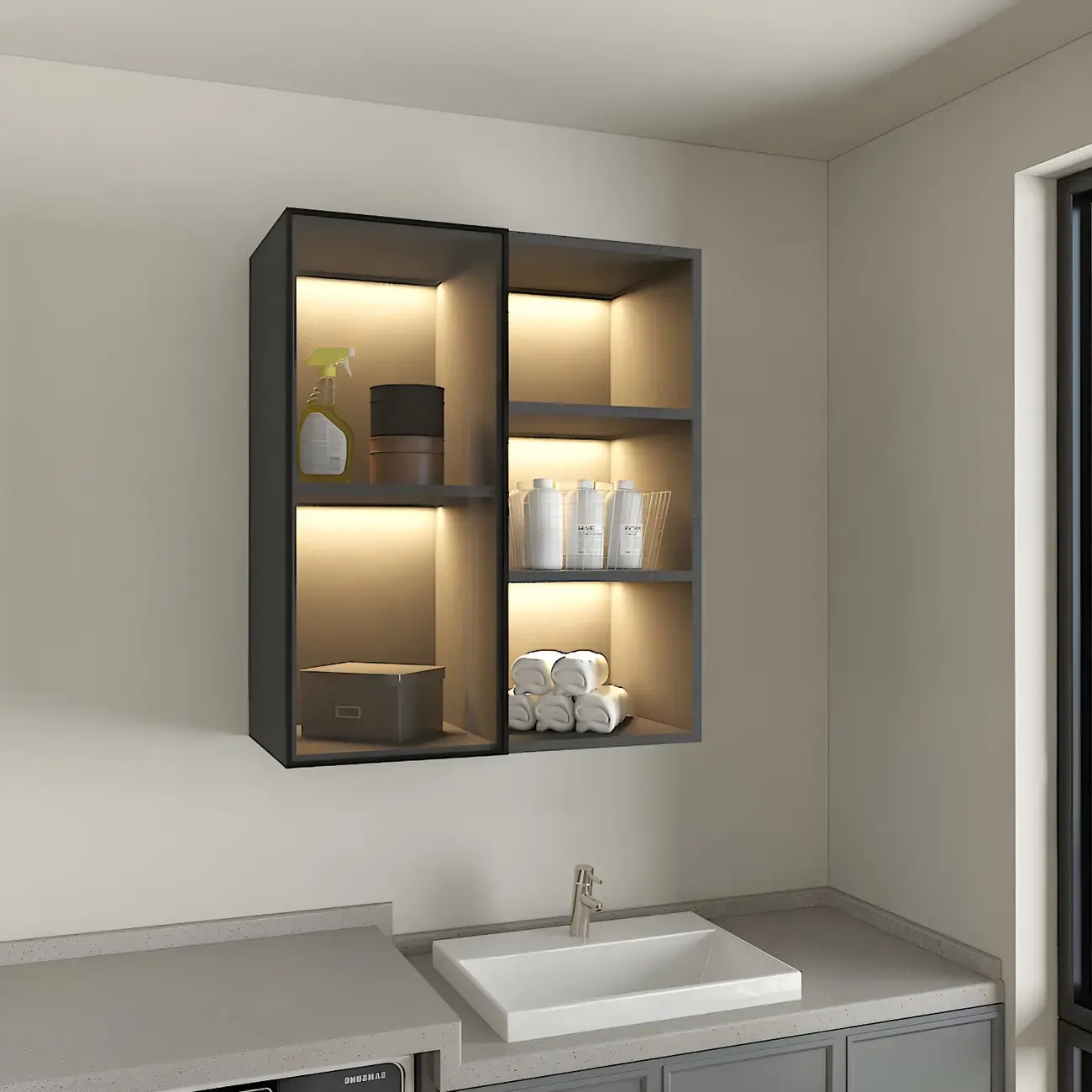 Nordic Wood Floating Display Cabinet with Glass Doors for Kitchen Image - 7