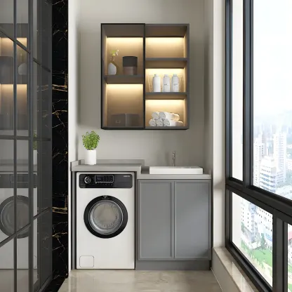 Nordic Wood Floating Display Cabinet with Glass Doors for Kitchen Image - 8