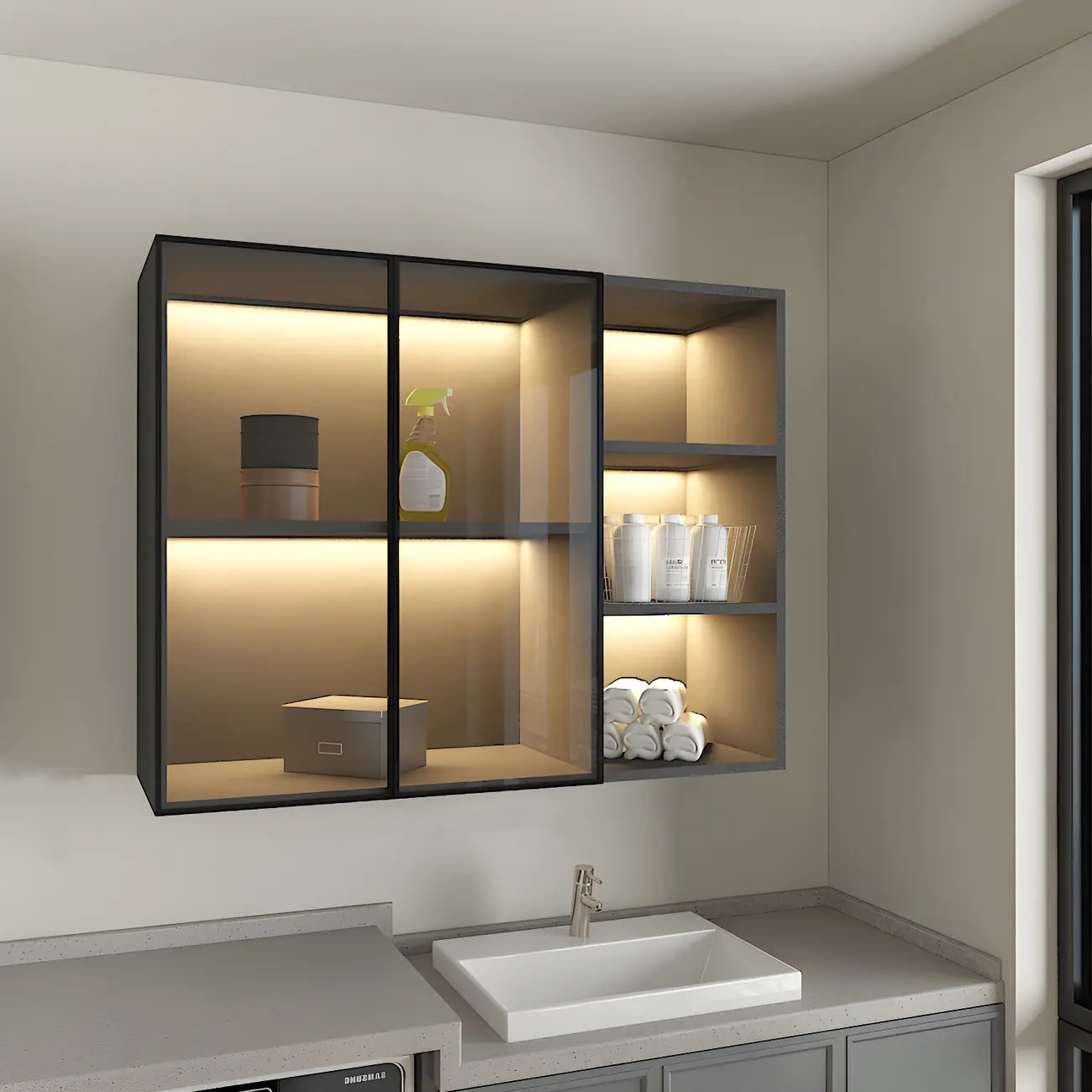 Nordic Wood Floating Display Cabinet with Glass Doors for Kitchen Image - 9 | homeyfad