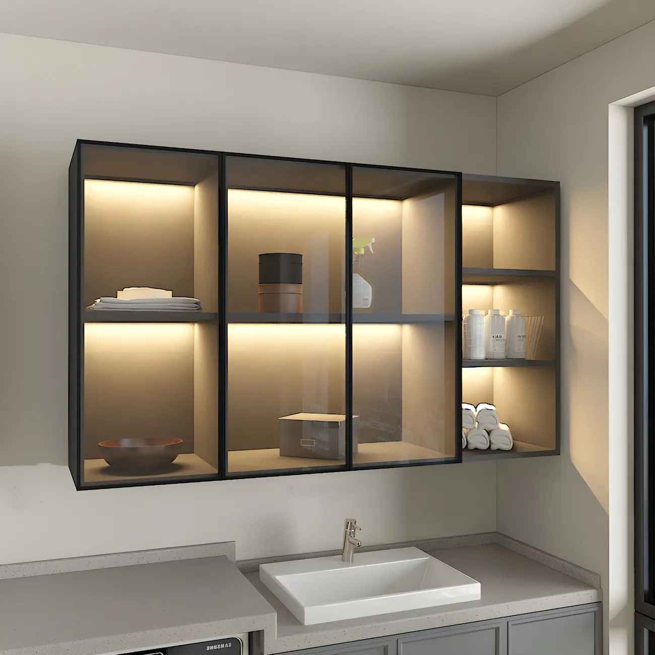 Nordic Wood Floating Display Cabinet with Glass Doors for Kitchen Image - 11 | homeyfad