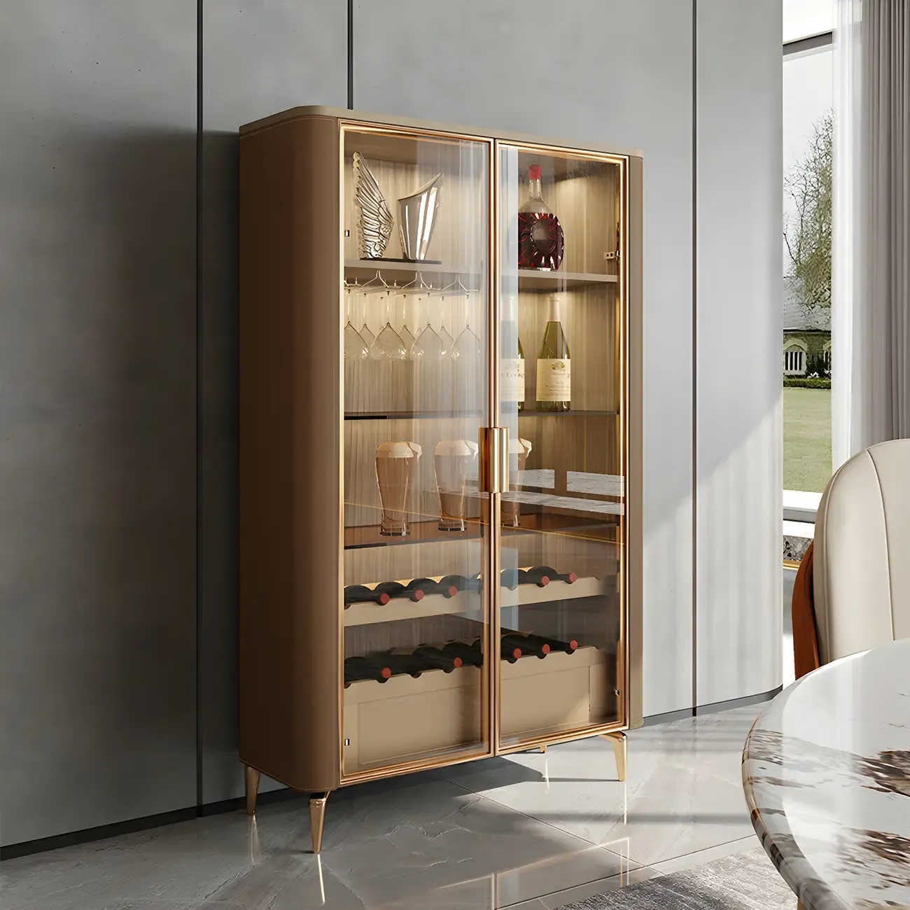 Glam Wooden Orange Glass Door Wine Display Cabinet | HomeyFad