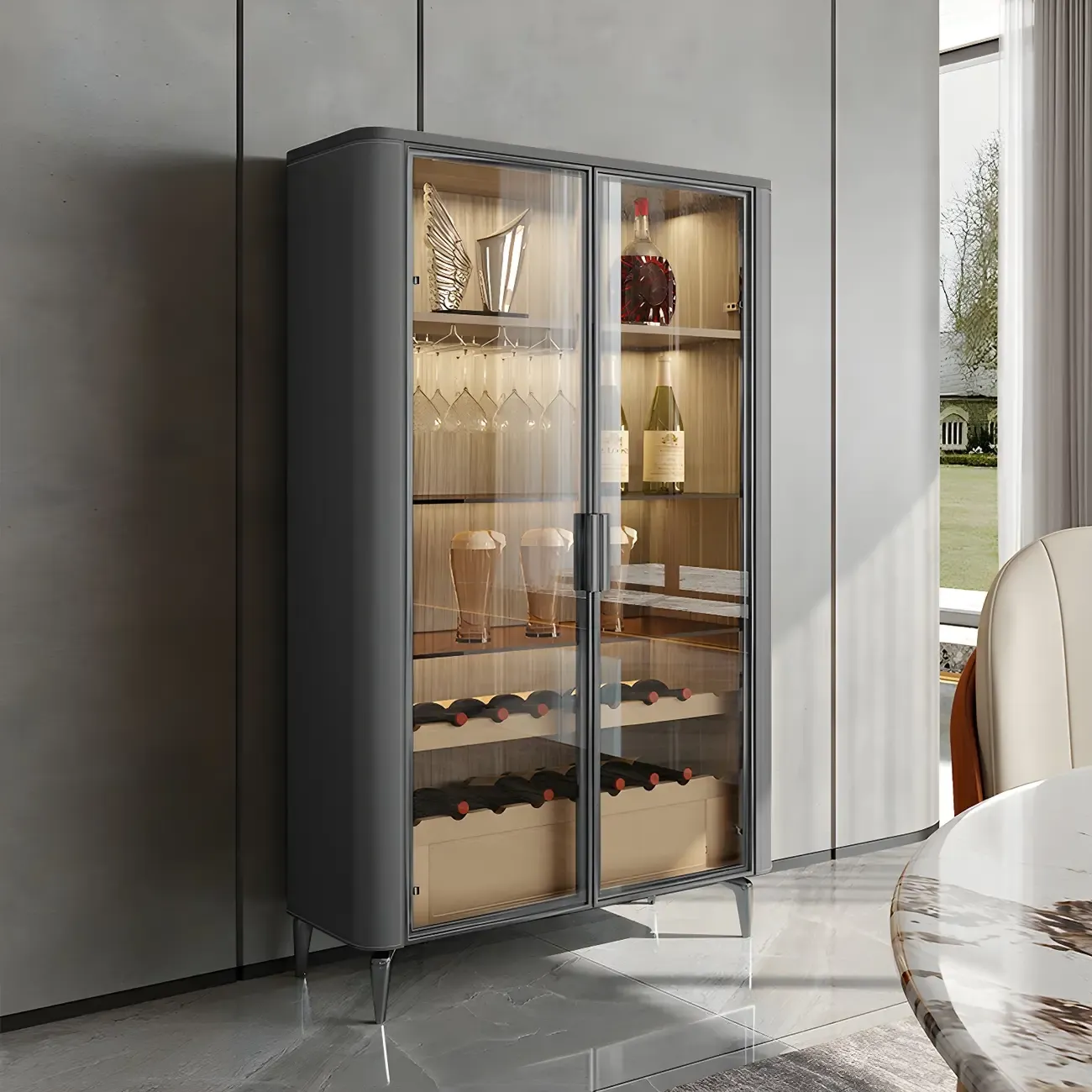 Elegant Wooden Display Cabinet with Glass Doors for Dining Room Image - 8