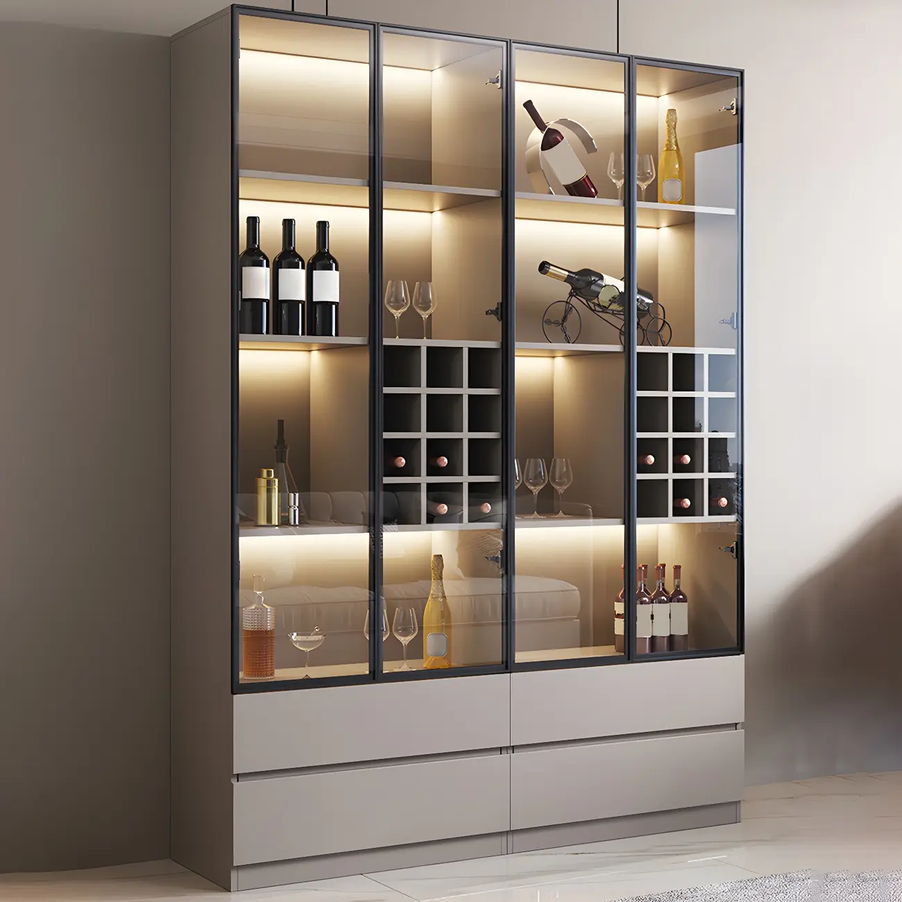 Modern Wooden Glass Display Cabinet with 4-Drawers for Kitchen Image - 1 | homeyfad
