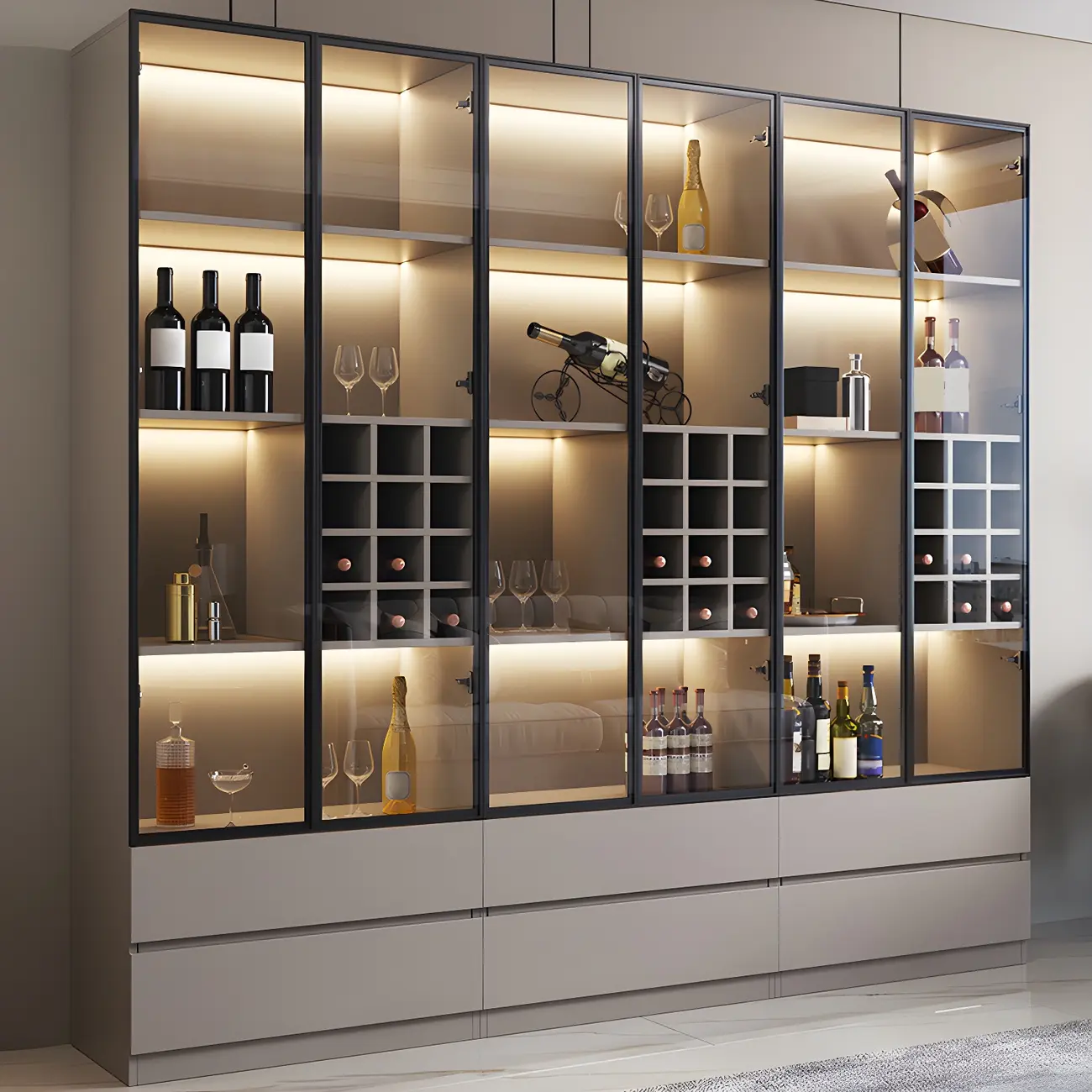 Modern Wooden Glass Display Cabinet with 4-Drawers for Kitchen Image - 6 | homeyfad