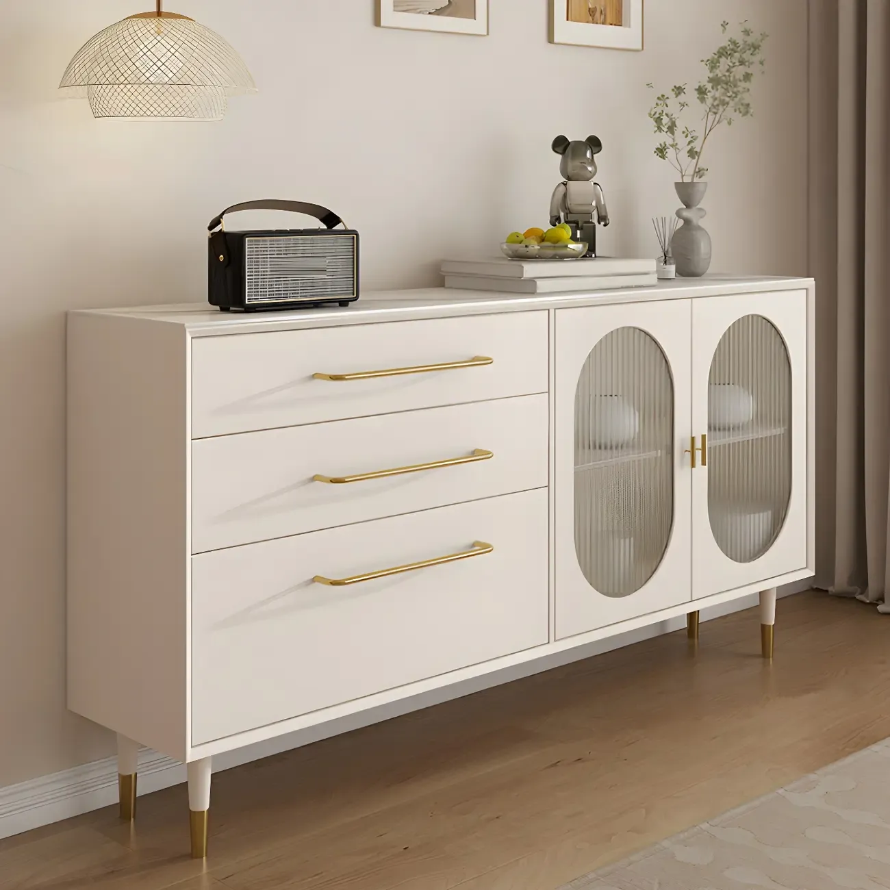 Elegant Wooden Display Cabinet with 3-Drawers for Kitchen Image - 1