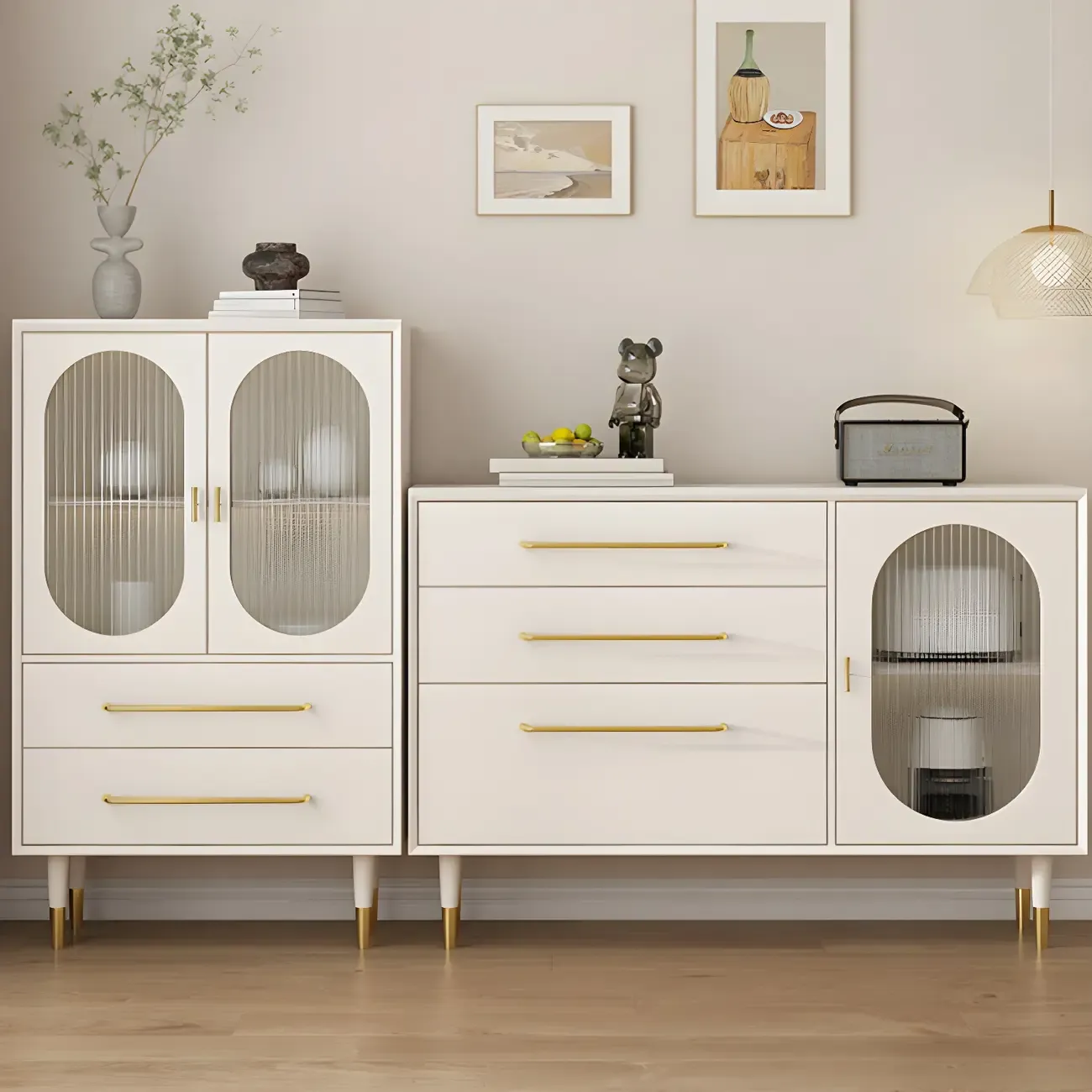 Elegant Wooden Display Cabinet with 3-Drawers for Kitchen Image - 2