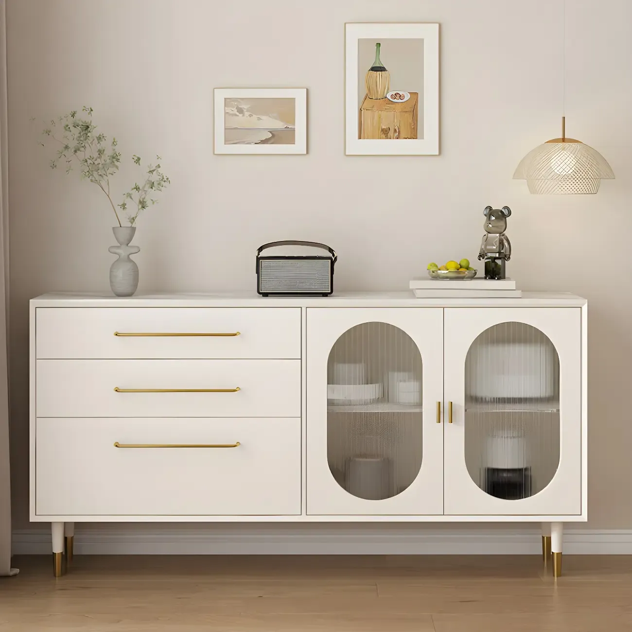 White Wood Glass Doors China Cabinet with 3 Drawers | HomeyFad