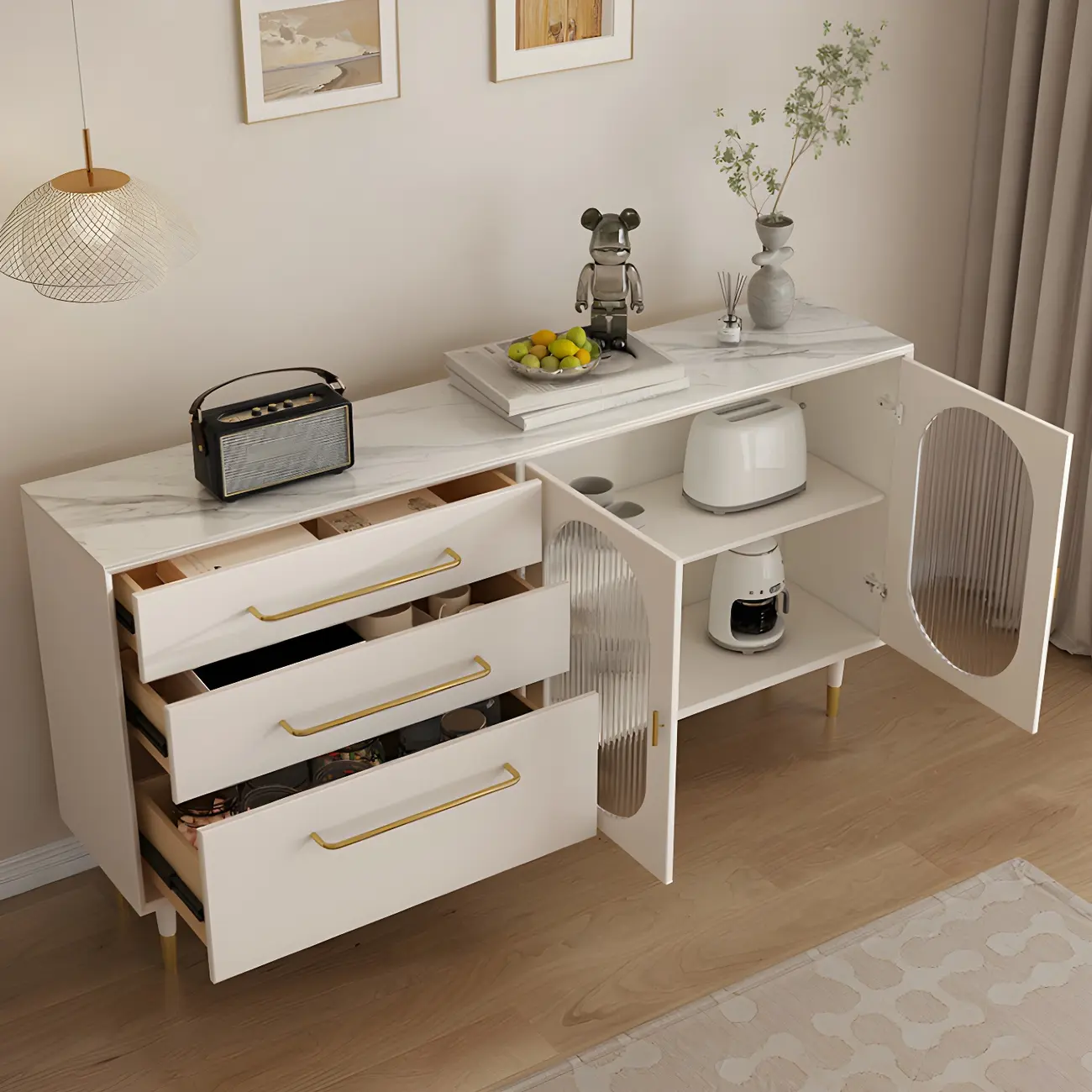 Elegant Wooden Display Cabinet with 3-Drawers for Kitchen Image - 8 | homeyfad