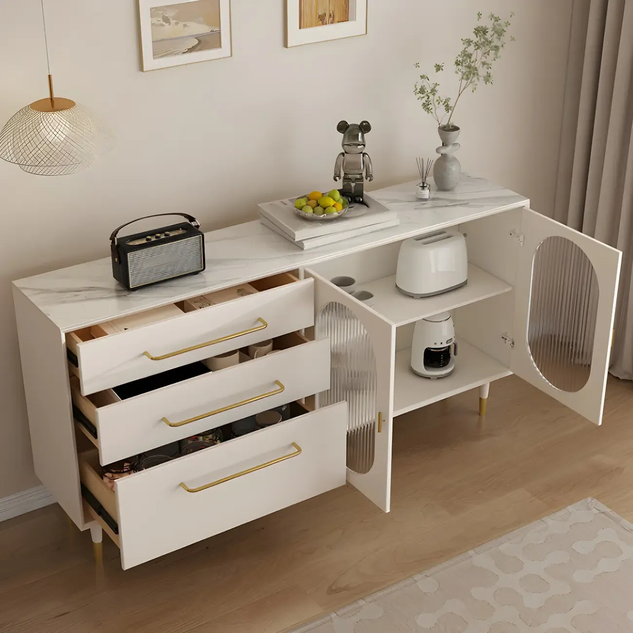 Elegant Wooden Display Cabinet with 3-Drawers for Kitchen Image - 8