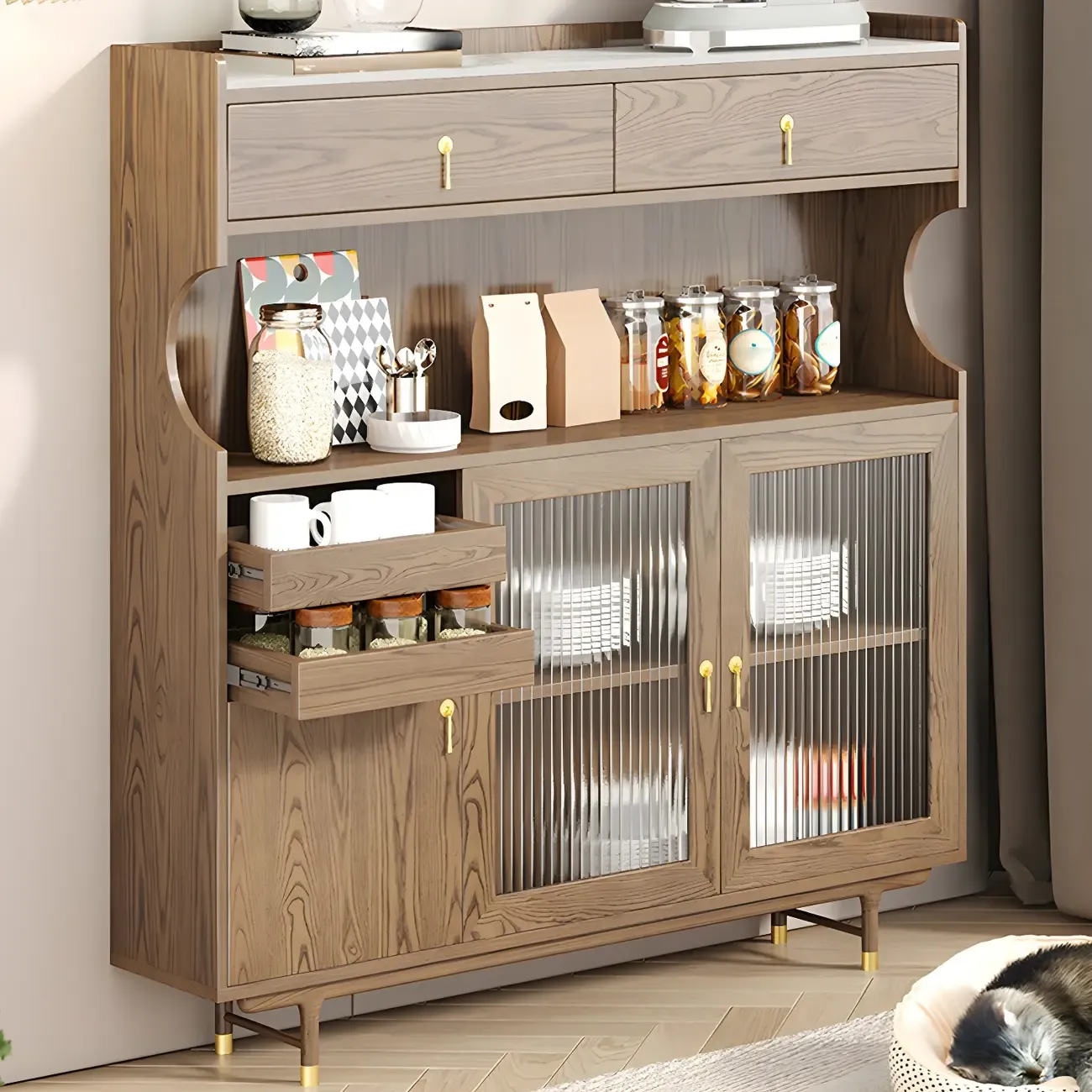 Contemporary Wooden Display Cabinet with Glass Doors for Home Image - 2