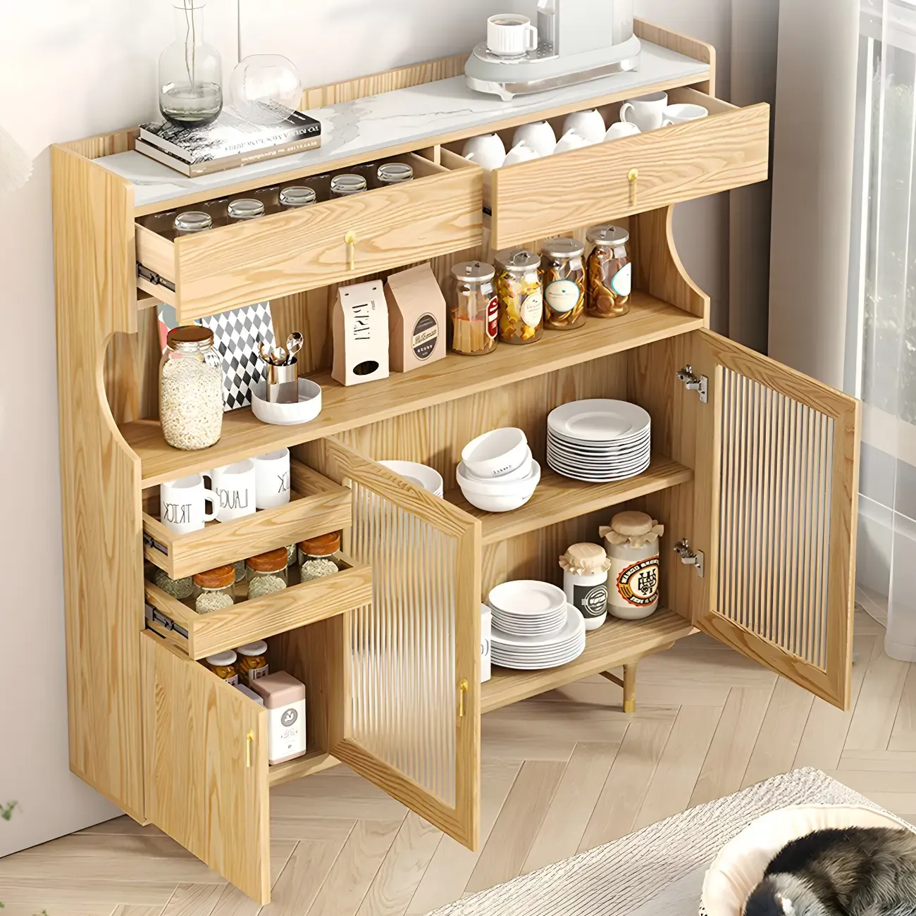 Contemporary Wooden Display Cabinet with Glass Doors for Home Image - 3