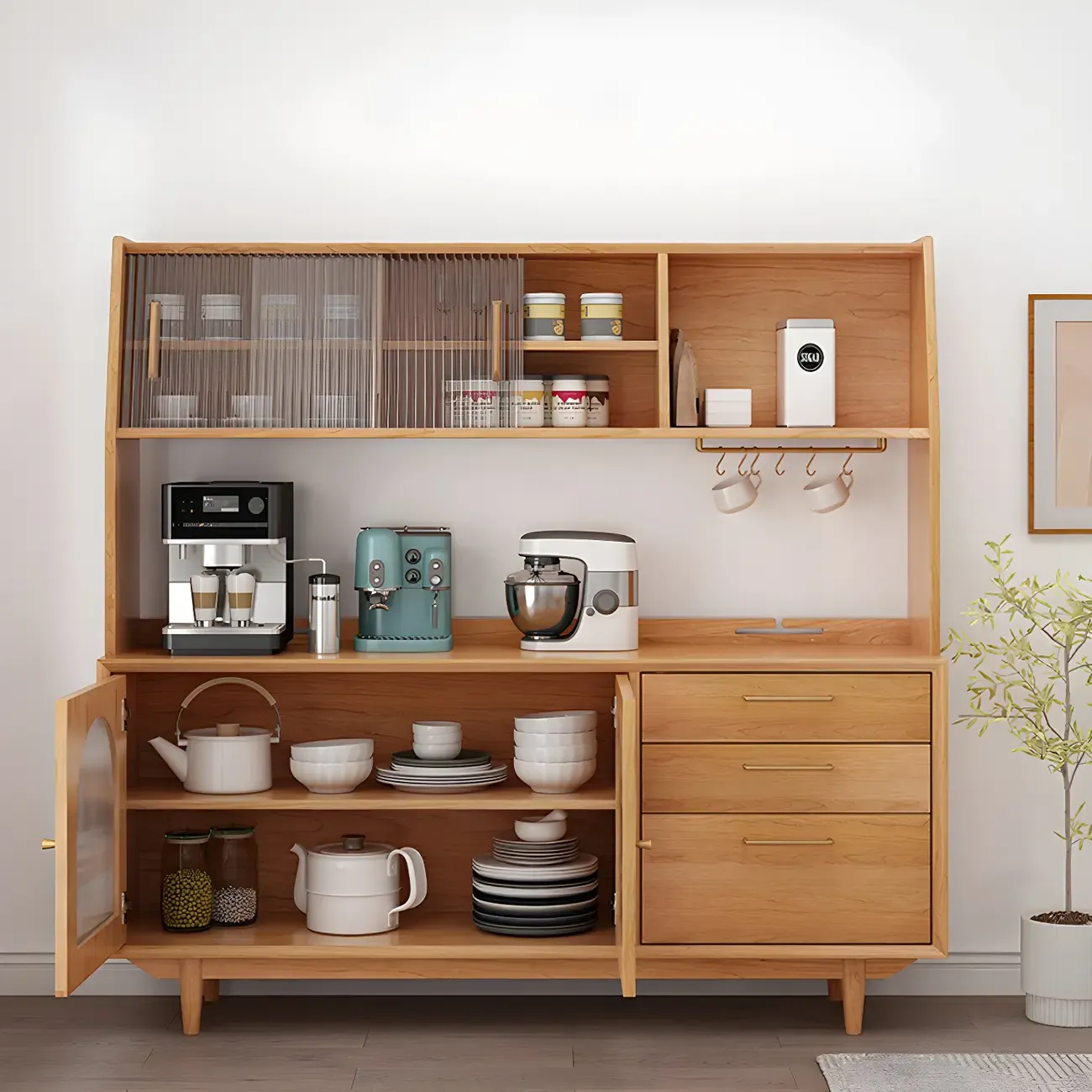 Cherry Wood Storage Hutch Cabinet with Glass Doors - HomeyFad