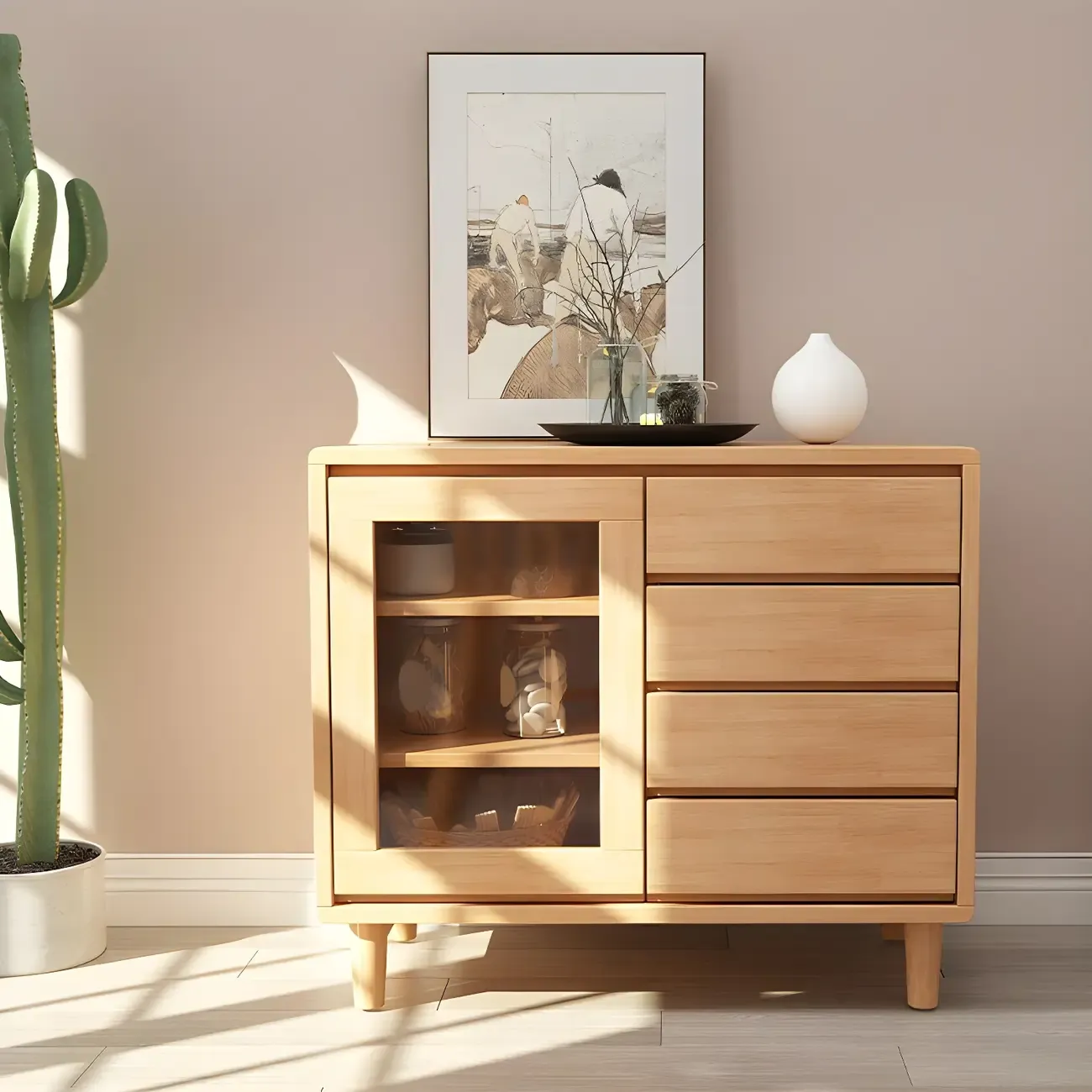 Modern Wooden Display Cabinet with Drawers and Legs for Home Image - 2