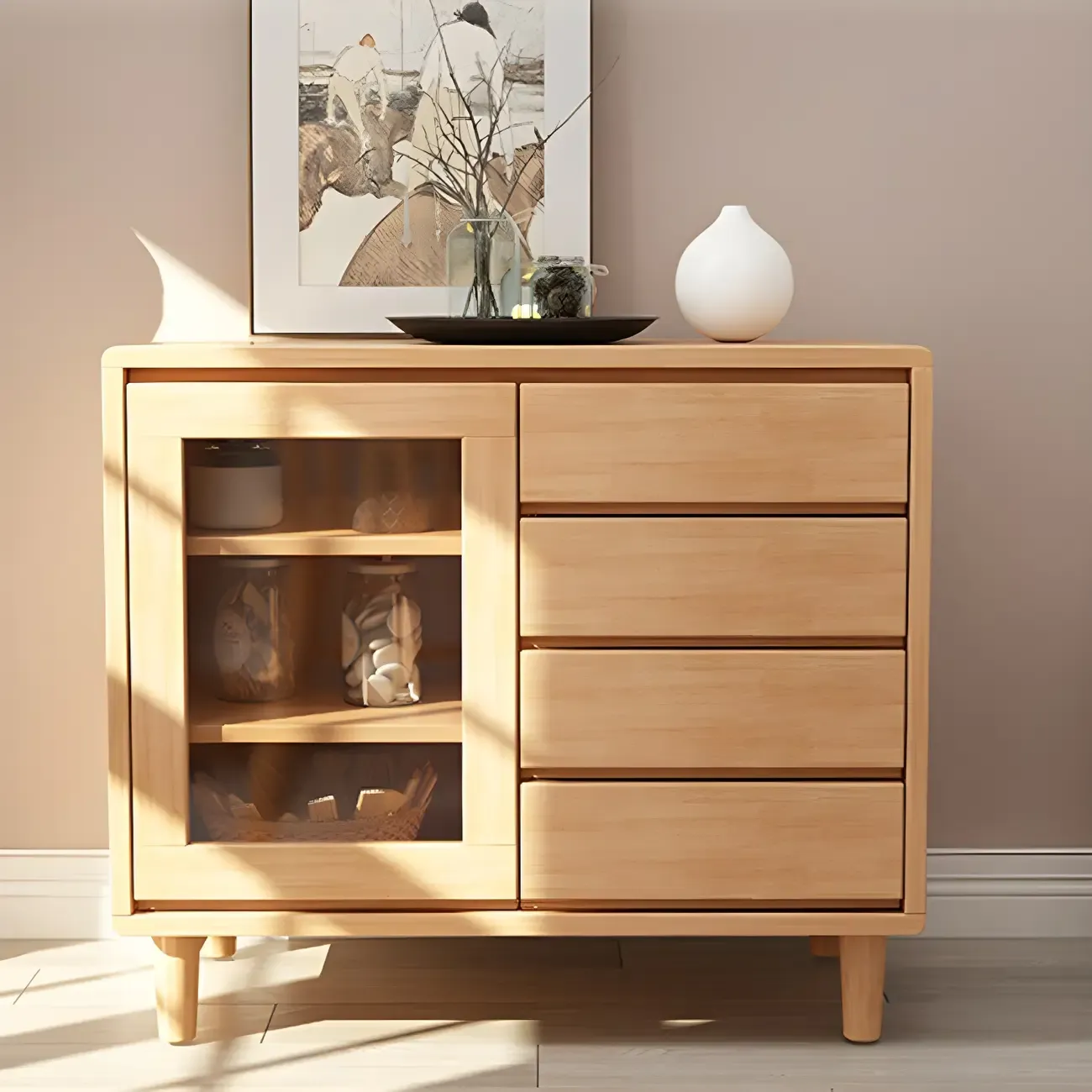 Modern Wooden Display Cabinet with Drawers and Legs for Home Image - 11