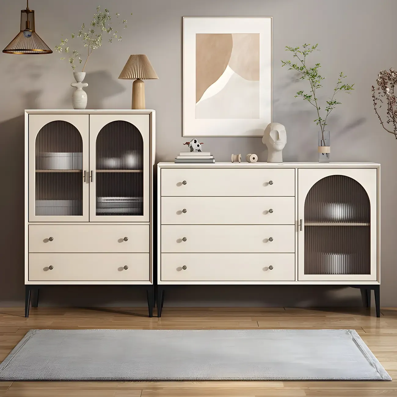 Glam White Wooden Display Cabinet with Drawers for Dining Room Image - 3