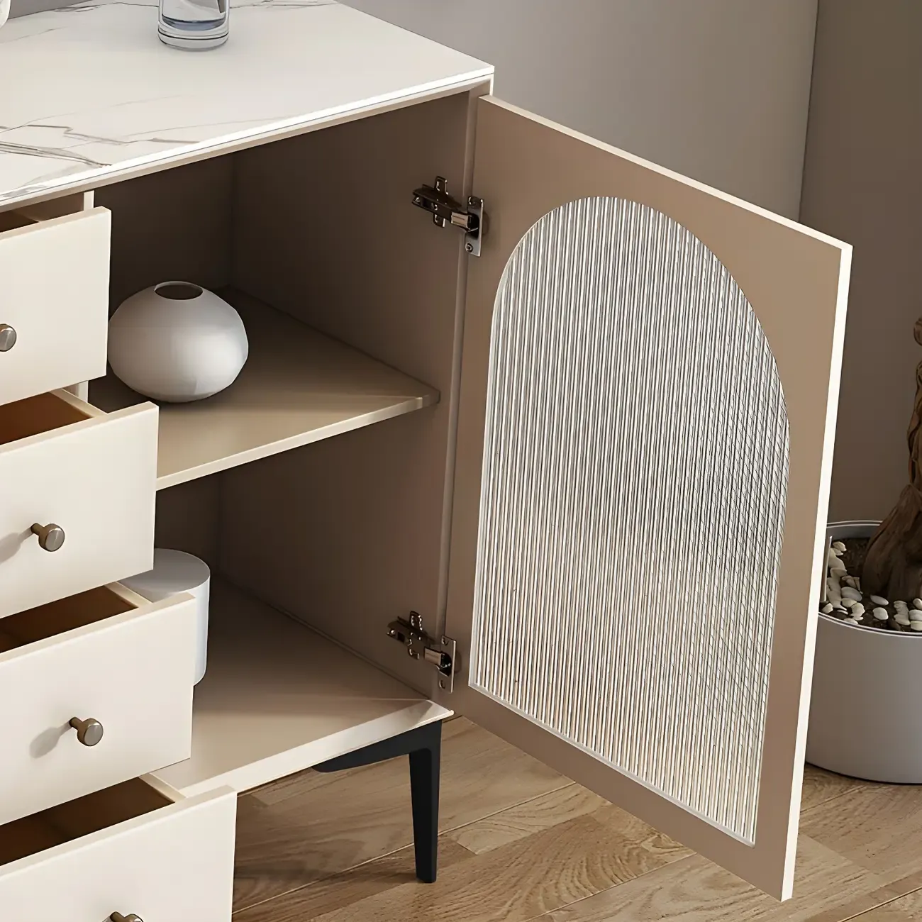 Glam White Wooden Display Cabinet with Drawers for Dining Room Image - 13