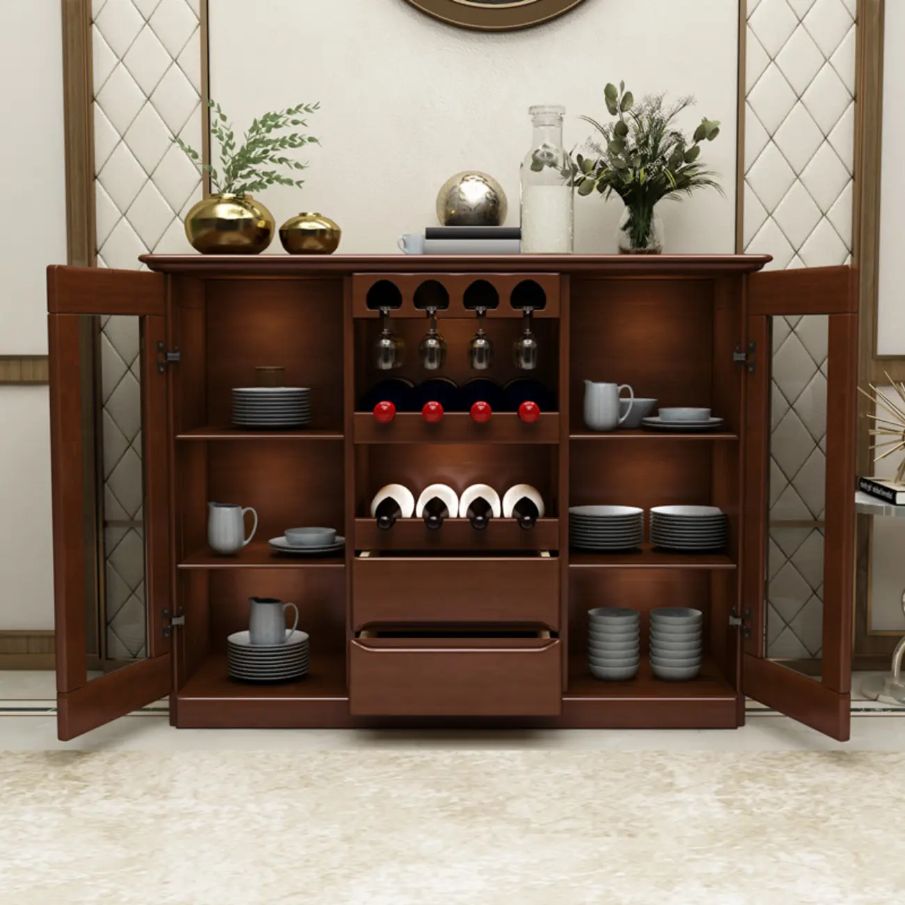 Classic Freestanding Wooden Wine Cabinet for Living Room Image - 4 | homeyfad