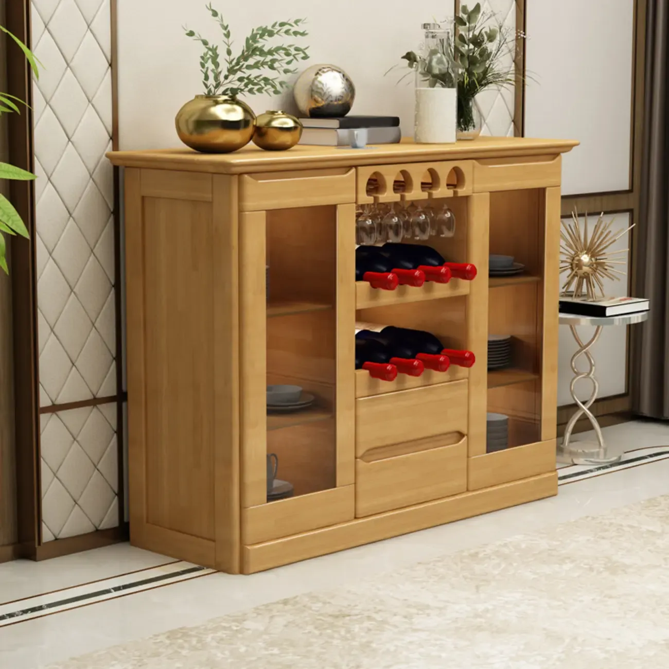 Classic Freestanding Wooden Wine Cabinet for Living Room Image - 5