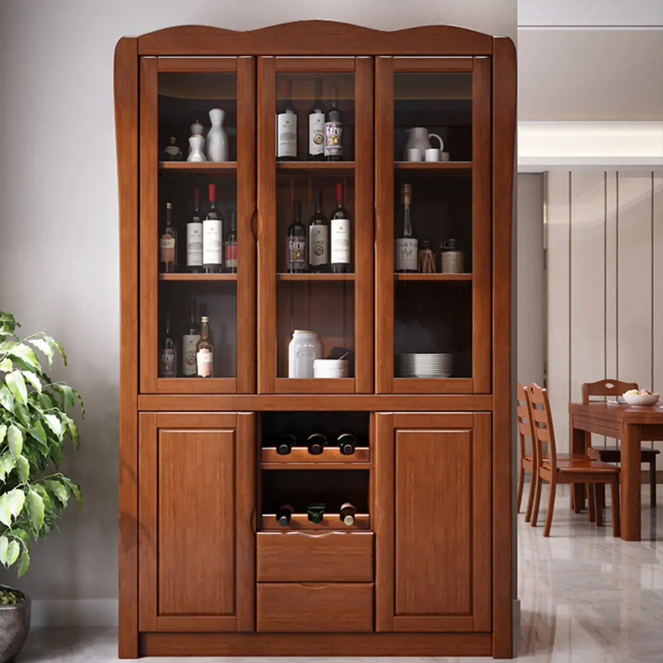 Classic Freestanding Natural Wooden Wine Cabinet for Living Room Image - 1