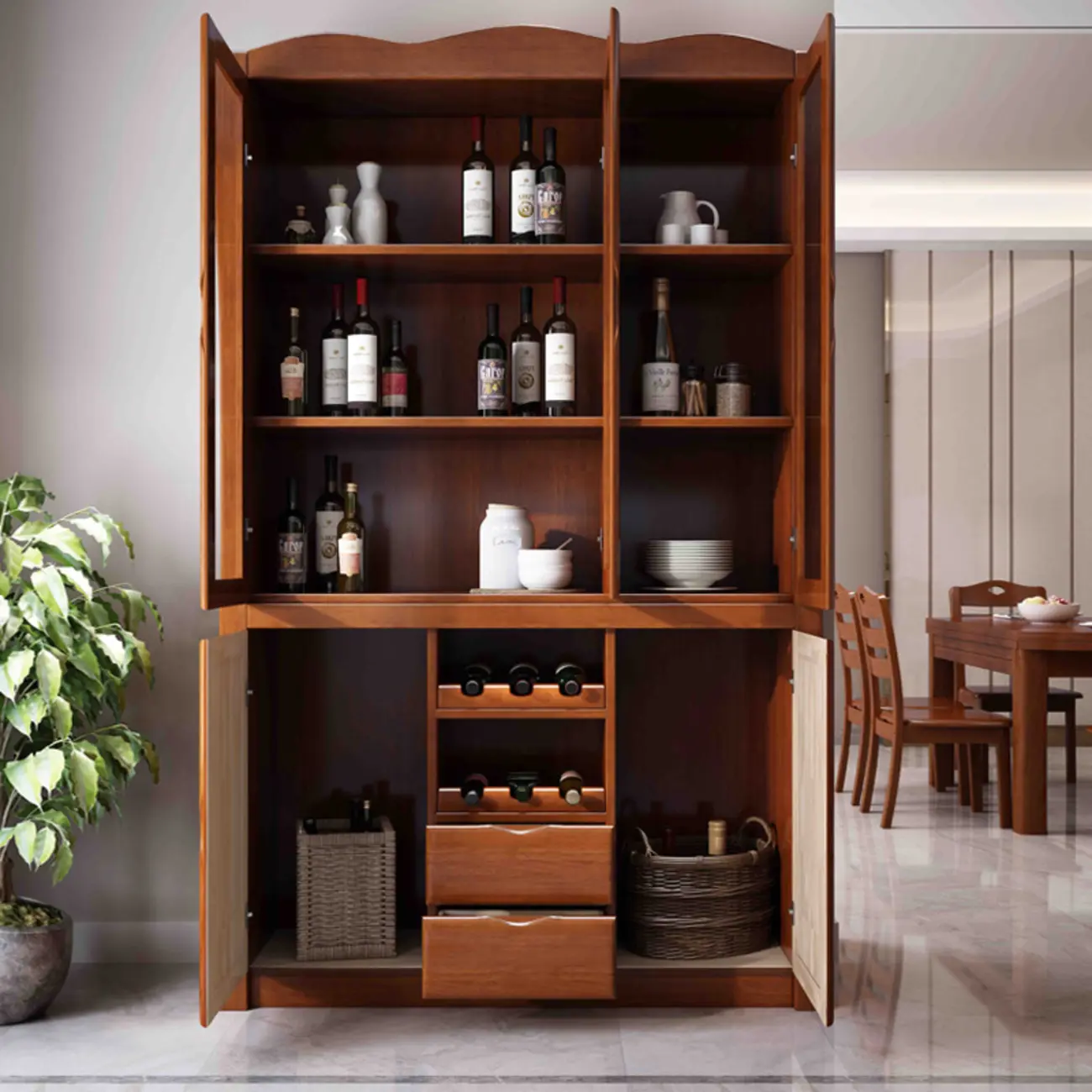 Classic Freestanding Natural Wooden Wine Cabinet for Living Room Image - 3 | homeyfad