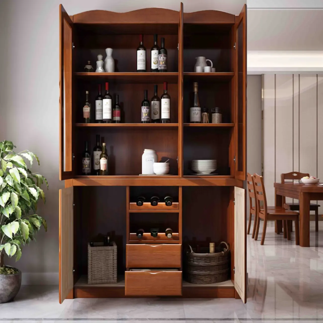 Classic Freestanding Natural Wooden Wine Cabinet for Living Room Image - 3