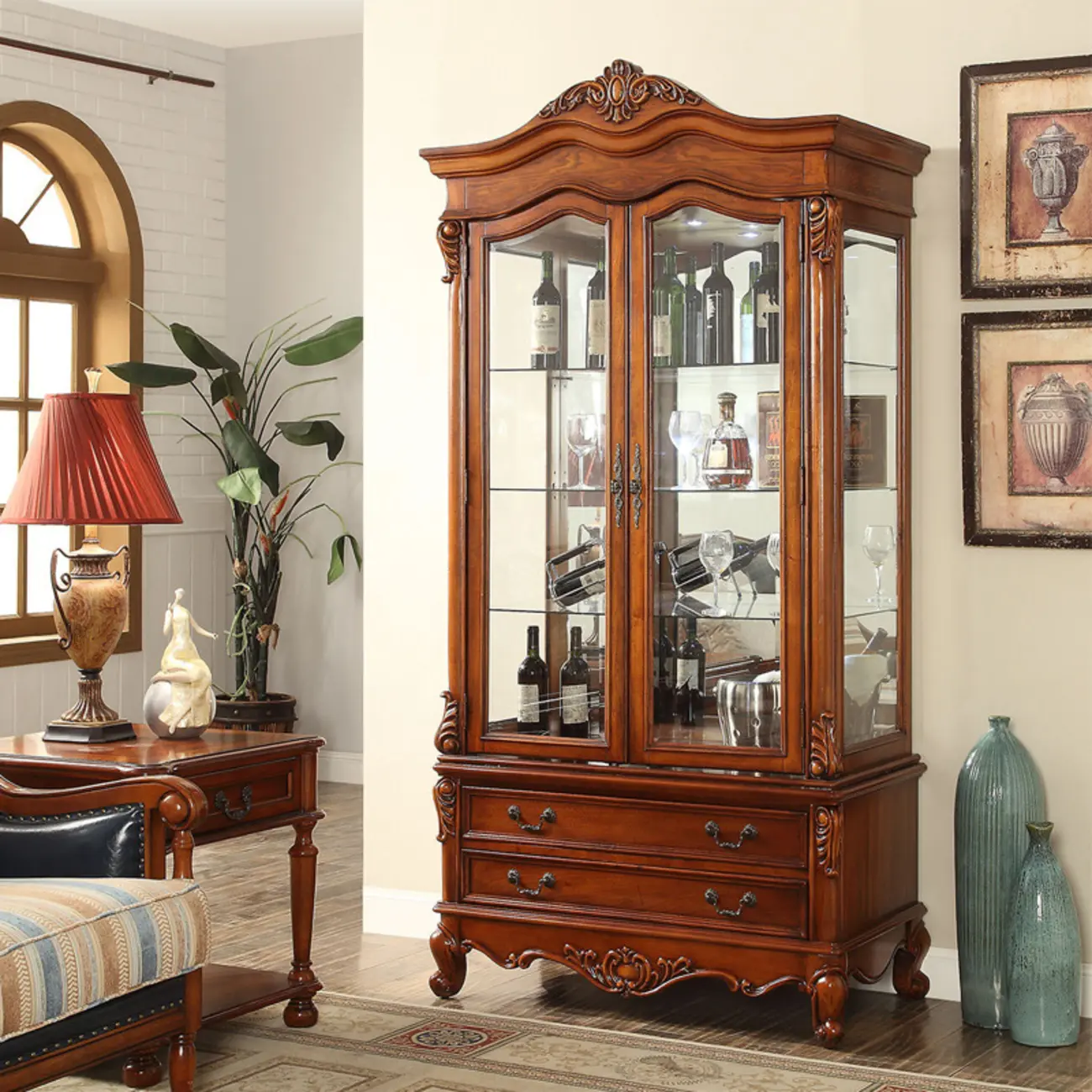 Classic Freestanding Brown Wooden Wine Cabinet for Living Room Image - 2 | homeyfad