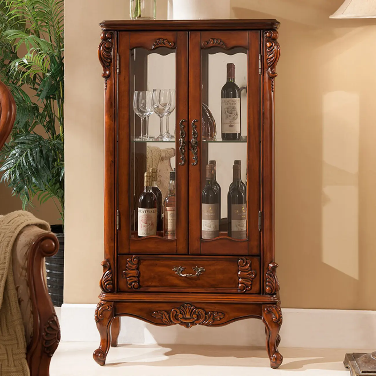 Classic Freestanding Brown Wooden Wine Cabinet for Living Room Image - 3 | homeyfad