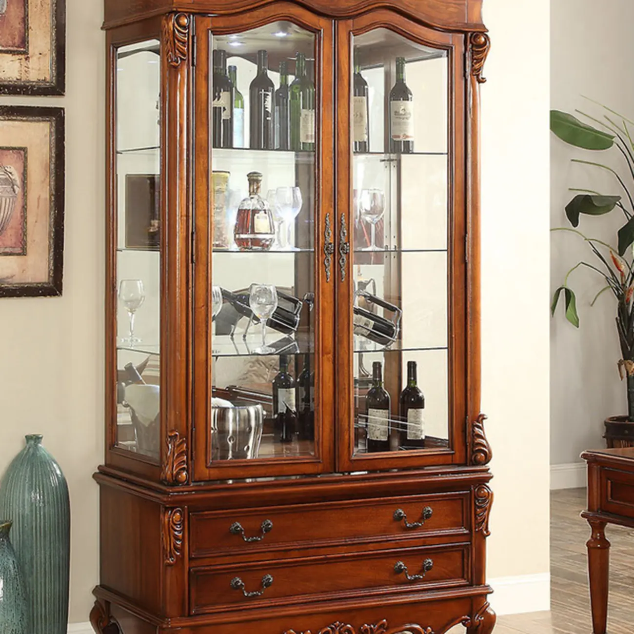 Classic Freestanding Brown Wooden Wine Cabinet for Living Room Image - 7 | homeyfad