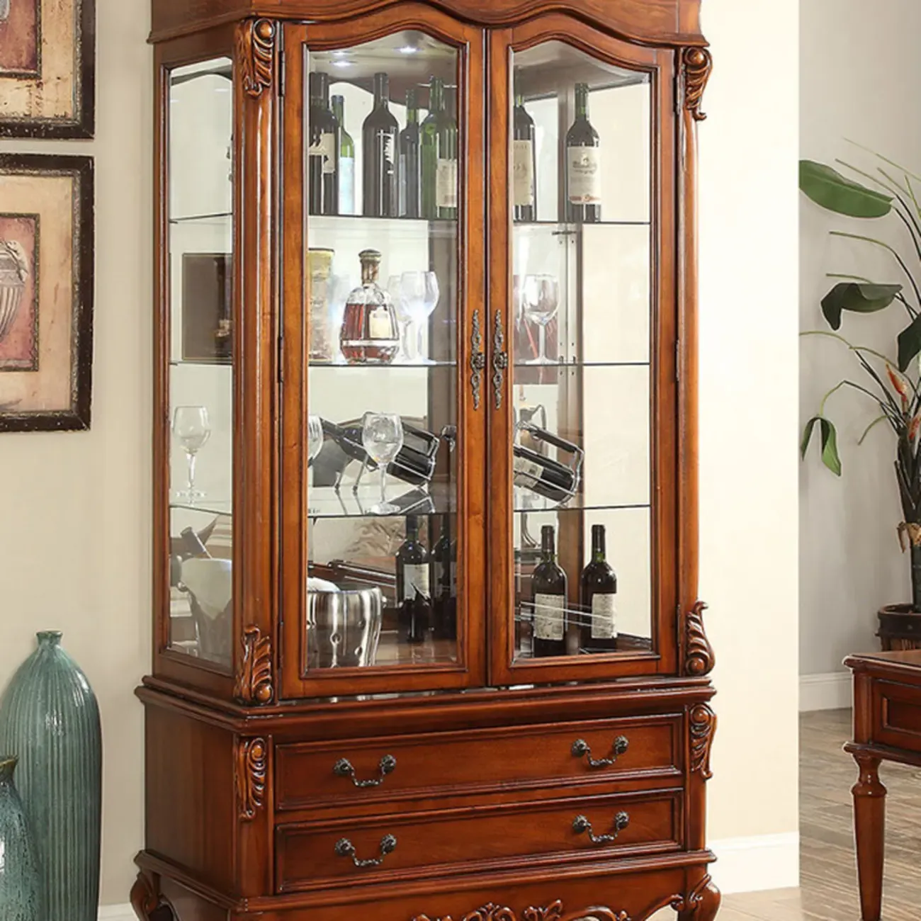 Classic Freestanding Brown Wooden Wine Cabinet for Living Room Image - 7