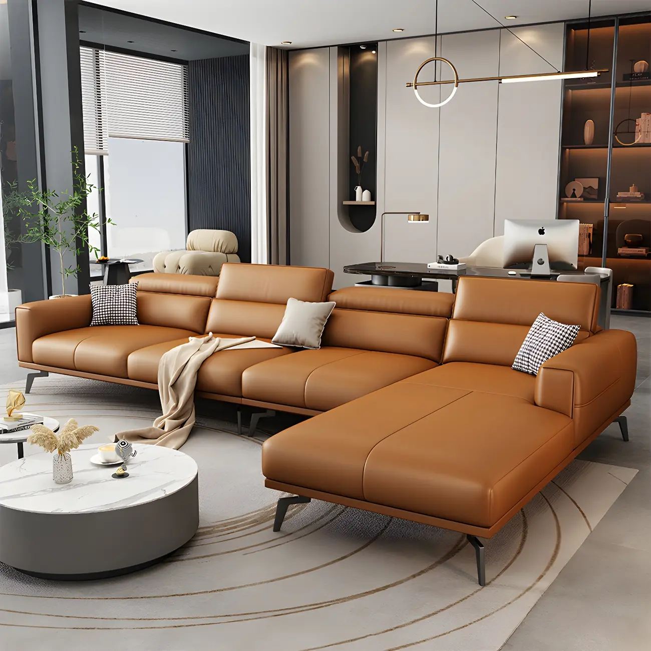 Modern Orange Faux Leather Sectional Sofa with Square Arms Image - 1 | homeyfad