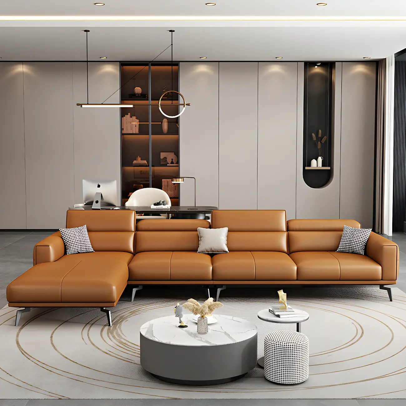 Modern Orange Faux Leather Sectional Sofa with Square Arms Image - 2 | homeyfad