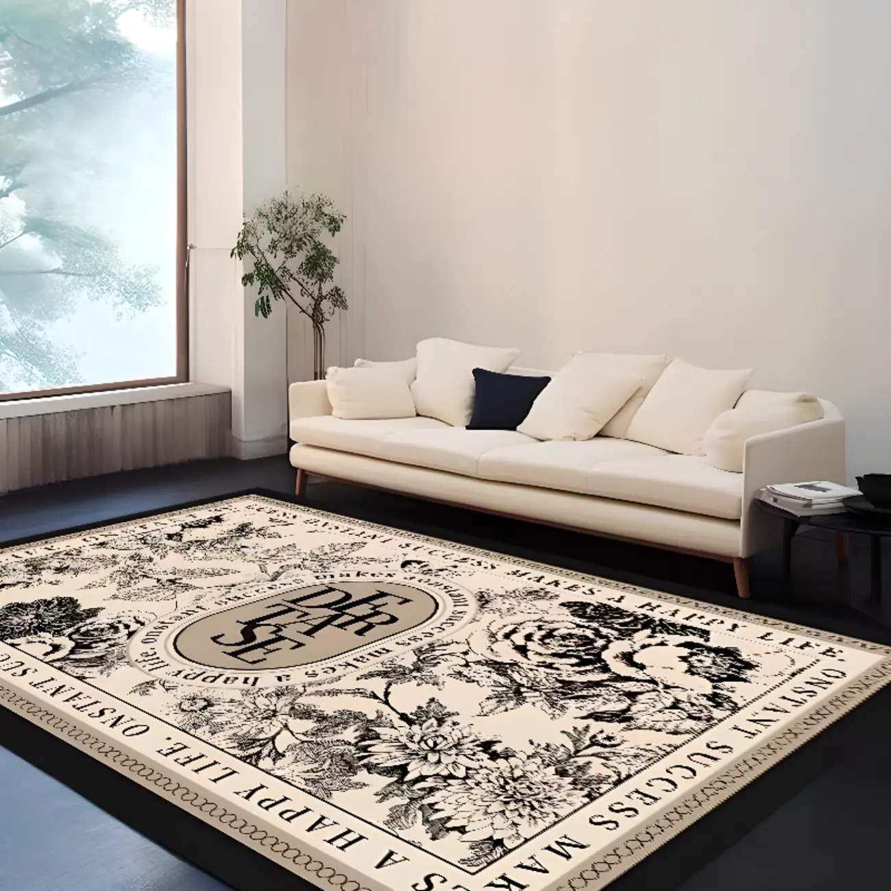 Floral Vintage Rug for Living Room - Black & White Decor Image - 1 | homeyfad